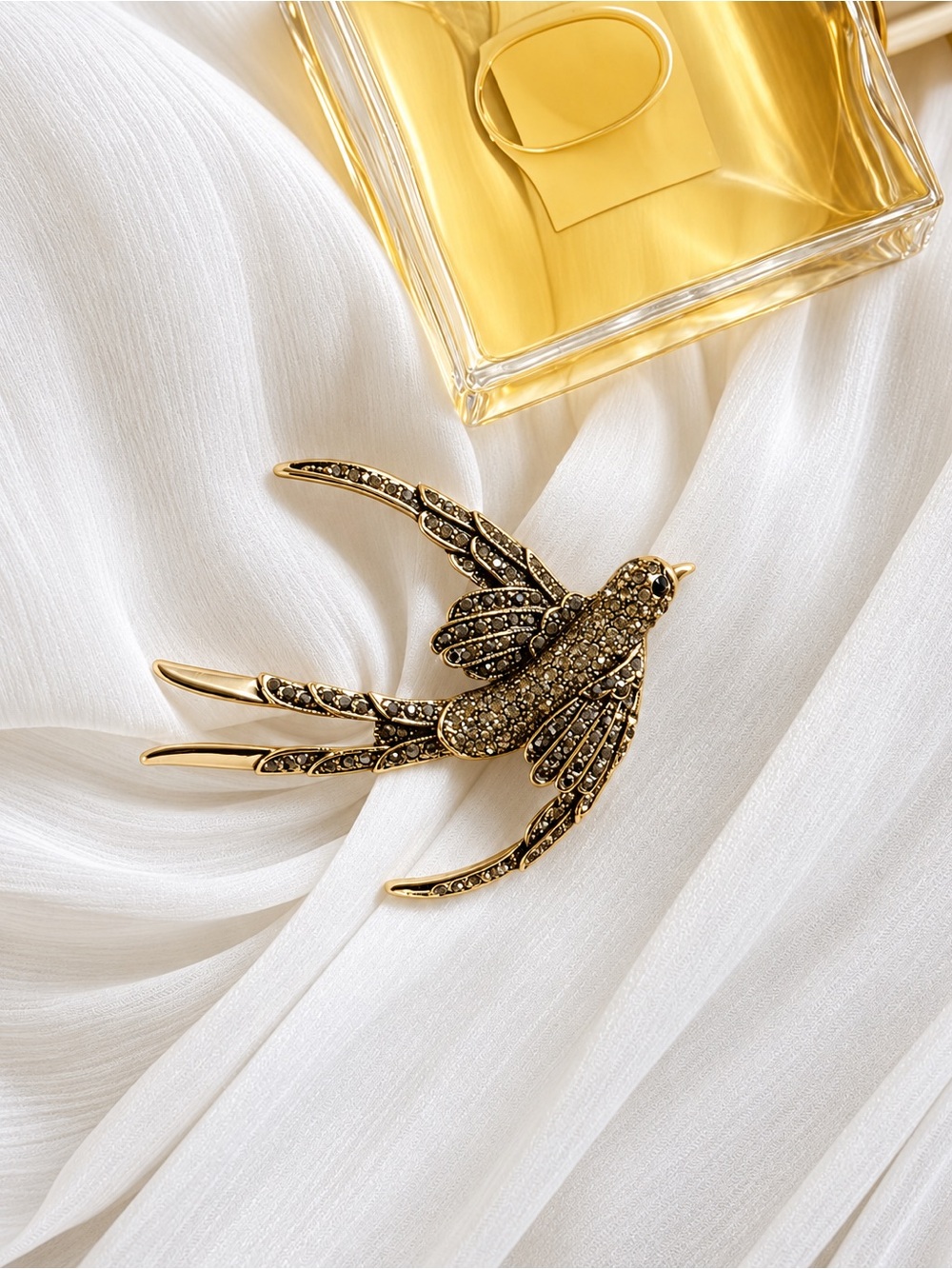Gold Crystal Swallow Brooch - Elegant Women's Accessory